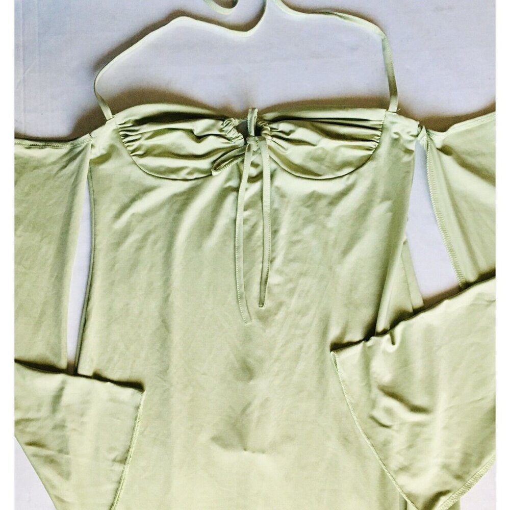 Womens Sexy Halter Bodycon Dress with Sleeve Tie-up Front Midi Size Large Green - Picture 4 of 8